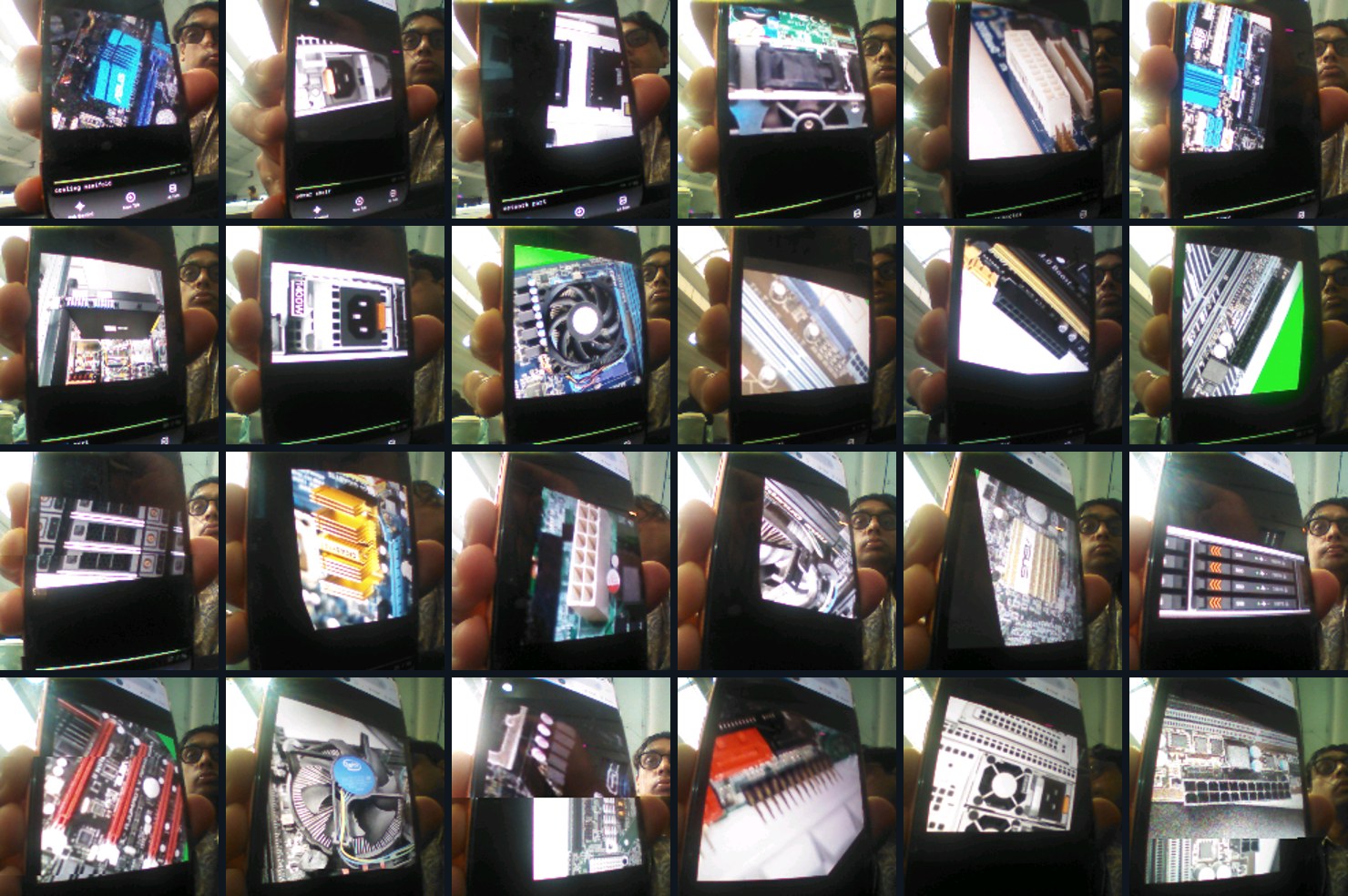 A grid of 24 frames recorded from the E8 camera, each showing a component photo on a phone screen